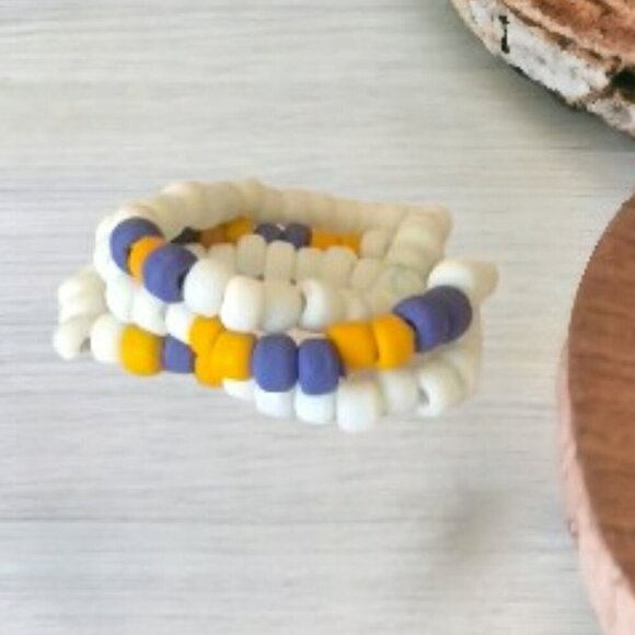 Unique Blue, Orange and White India Beaded Stretch Set of 3 Bracelets - Picture 1 of 2